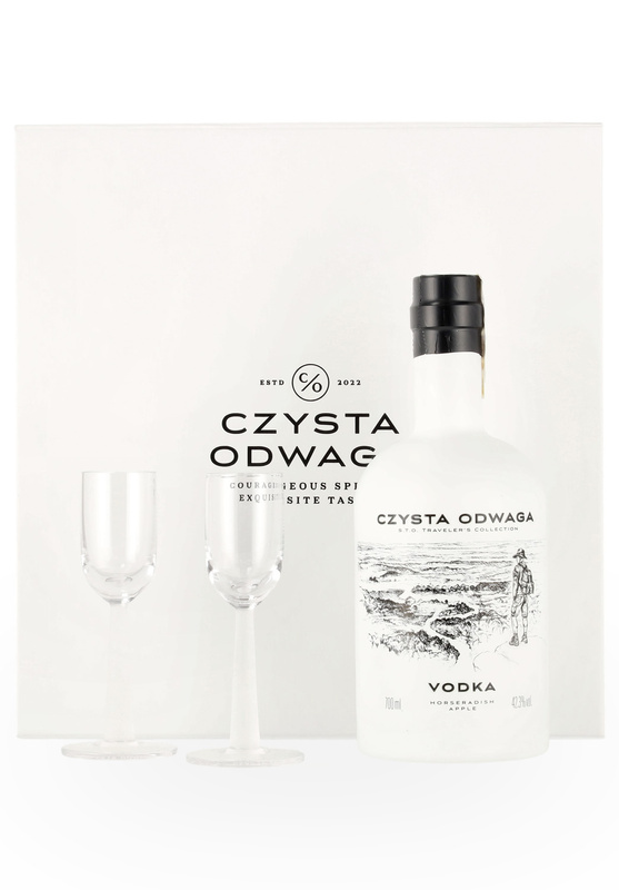 Zestaw prezentowy Czysta Odwaga - wódka chrzan-jabłko i kieliszki na nóżce