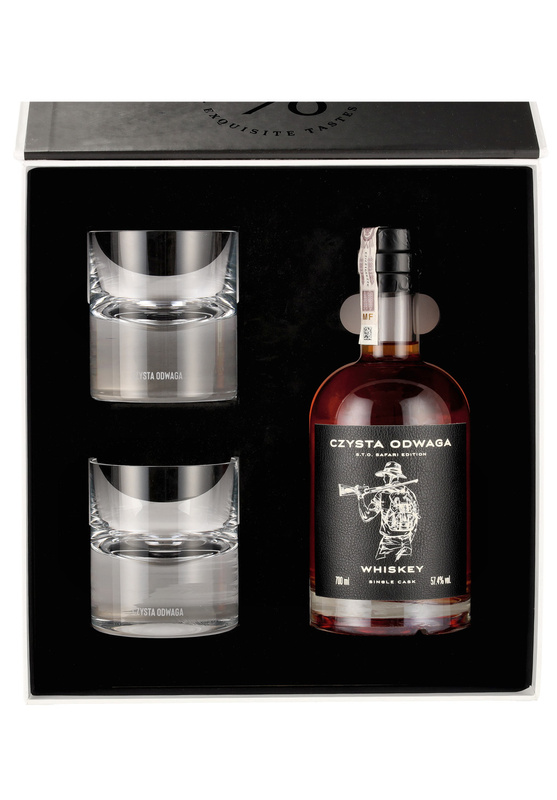 Zestaw Prezentowy Czysta Odwaga Whiskey Safari Edition - Single Cask i 2 szklanki do whiskey Krosno