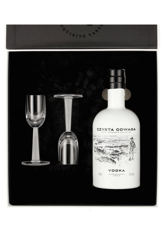 Zestaw prezentowy Czysta Odwaga - wódka chrzan-jabłko i kieliszki na nóżce